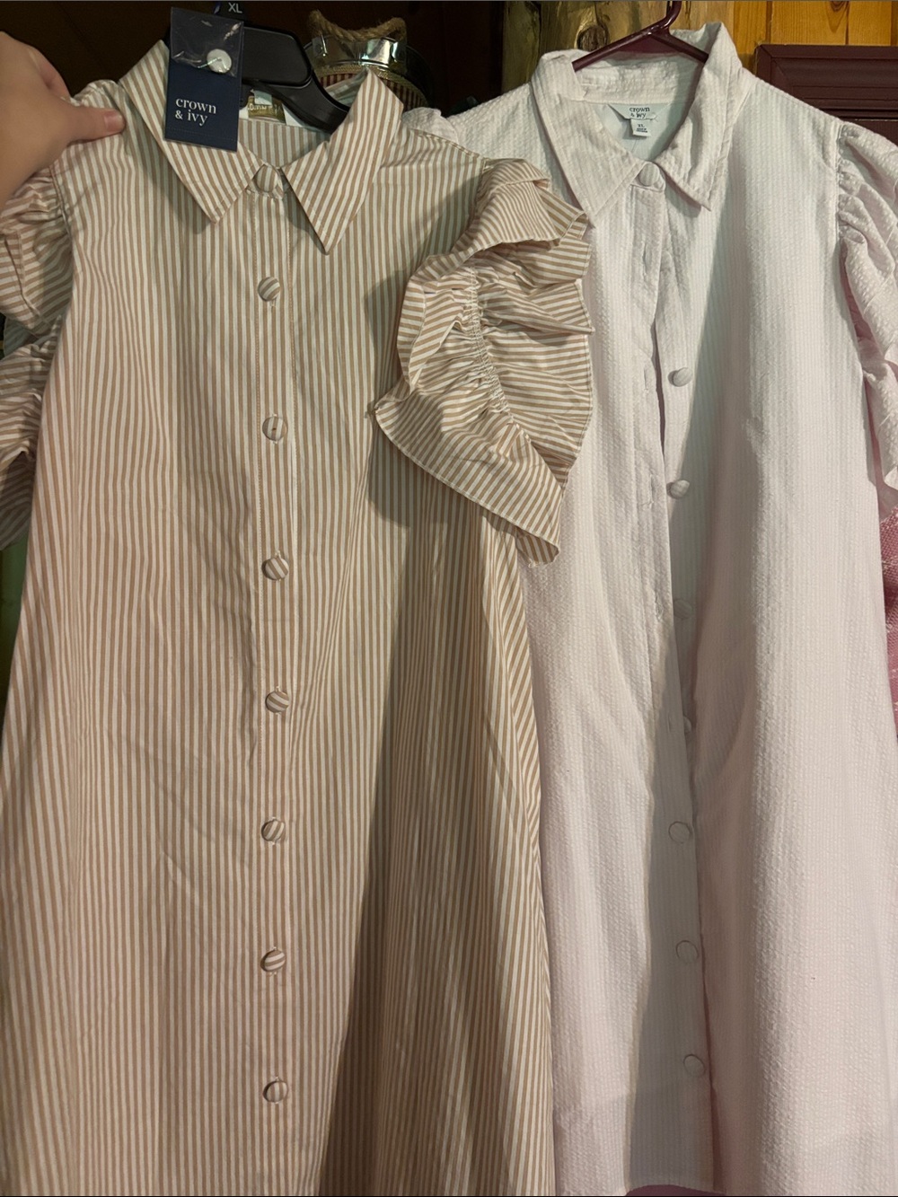 (2!) Crown & Ivy women’s ' Tan Stripe Puff-Sleeve Shirt Dresses 2 for 1!!